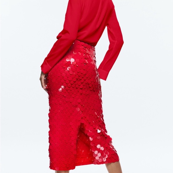 Alice And Olivia FIFI PAILLETTE MIDI SKIRT. Red Sequin Size 6. - Picture 3 of 11